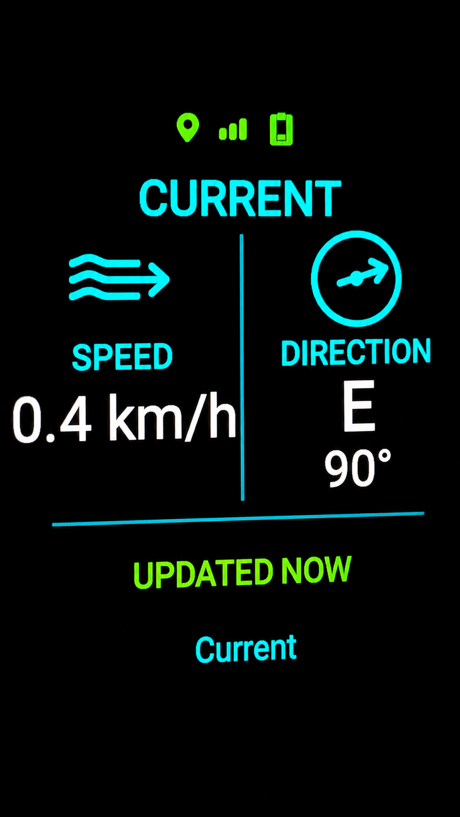PaddleMate current dashboard showing water speed and direction
