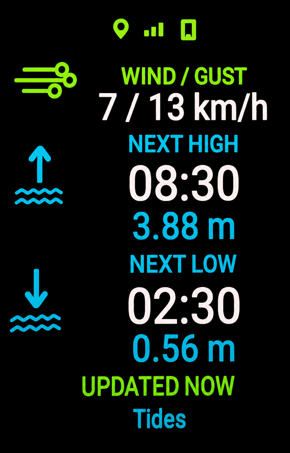 PaddleMate dashboard showing wind, gusts, high tide and low tide